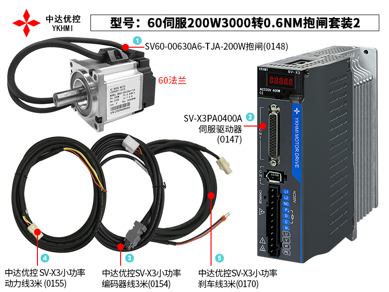 60伺服200W3000轉(zhuǎn)0.6NM抱閘套裝2