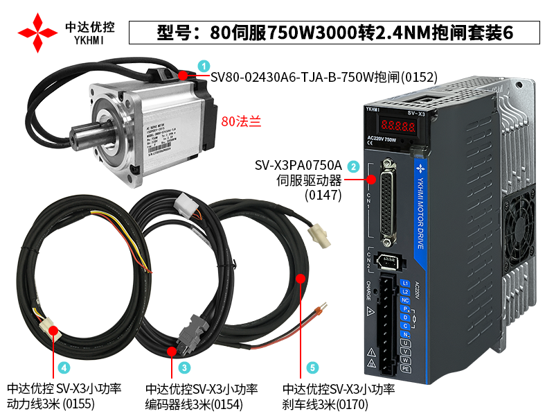 80伺服750W3000轉(zhuǎn)2.4NM抱閘套裝6