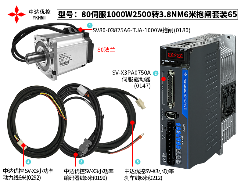 80伺服1000W2500轉(zhuǎn)3.8NM6米抱閘套裝65