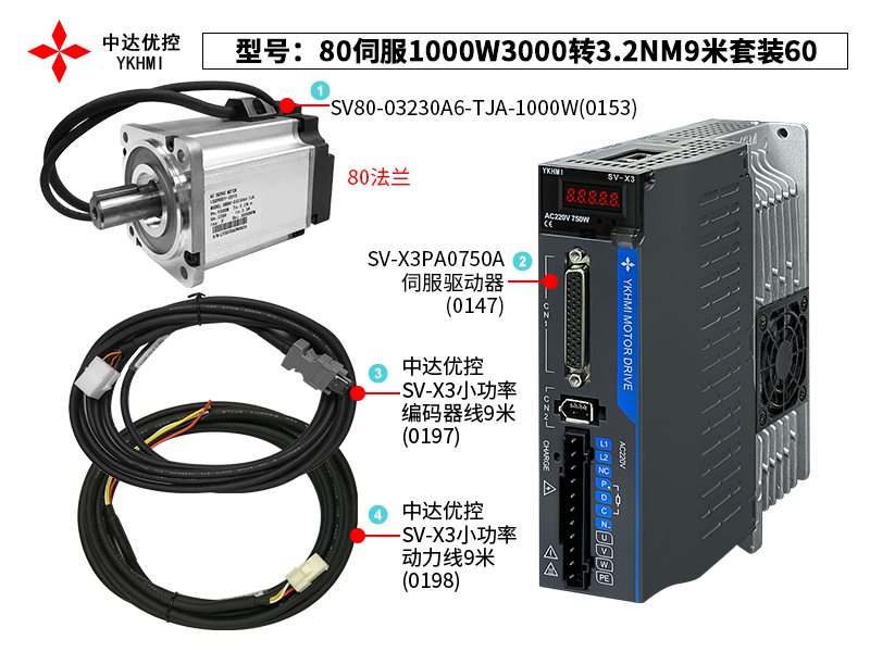 80伺服1000W3000轉(zhuǎn)3.2NM9米套裝60