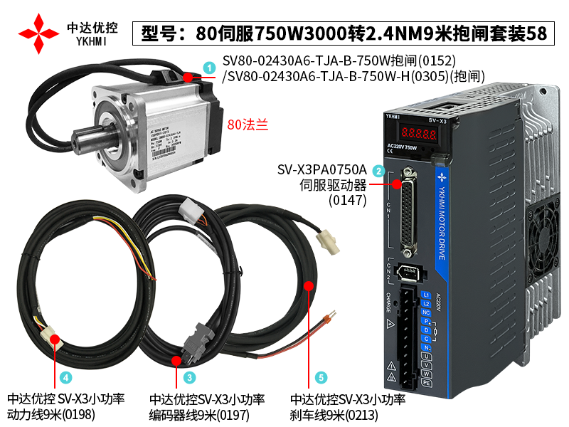 80伺服750W3000轉(zhuǎn)2.4NM9米抱閘套裝58