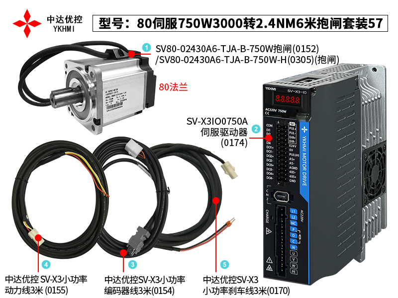 80伺服750W3000轉(zhuǎn)2.4NM6米抱閘套裝57(0174)