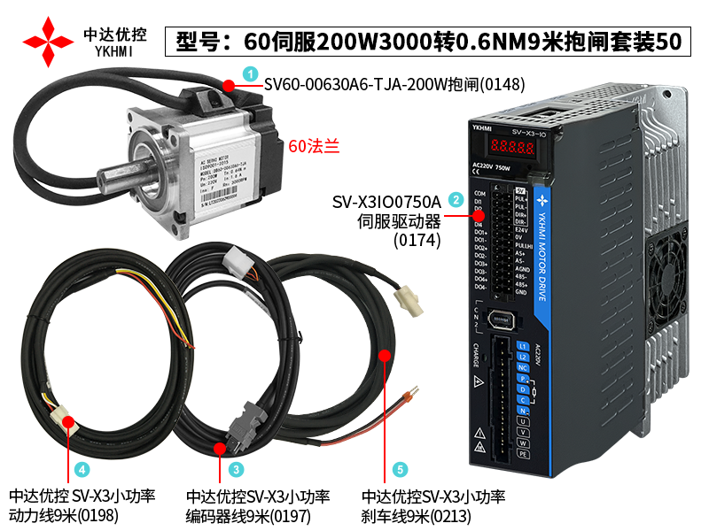 60伺服200W3000轉(zhuǎn)0.6NM9米抱閘套裝50(0174)