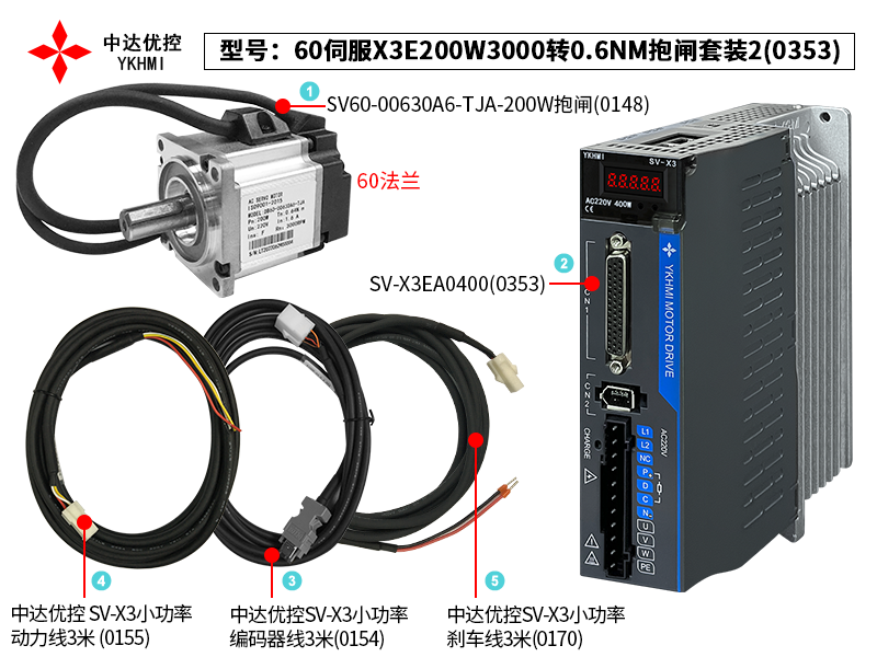 60伺服X3E200W3000轉(zhuǎn)0.6NM抱閘套裝2(0353)